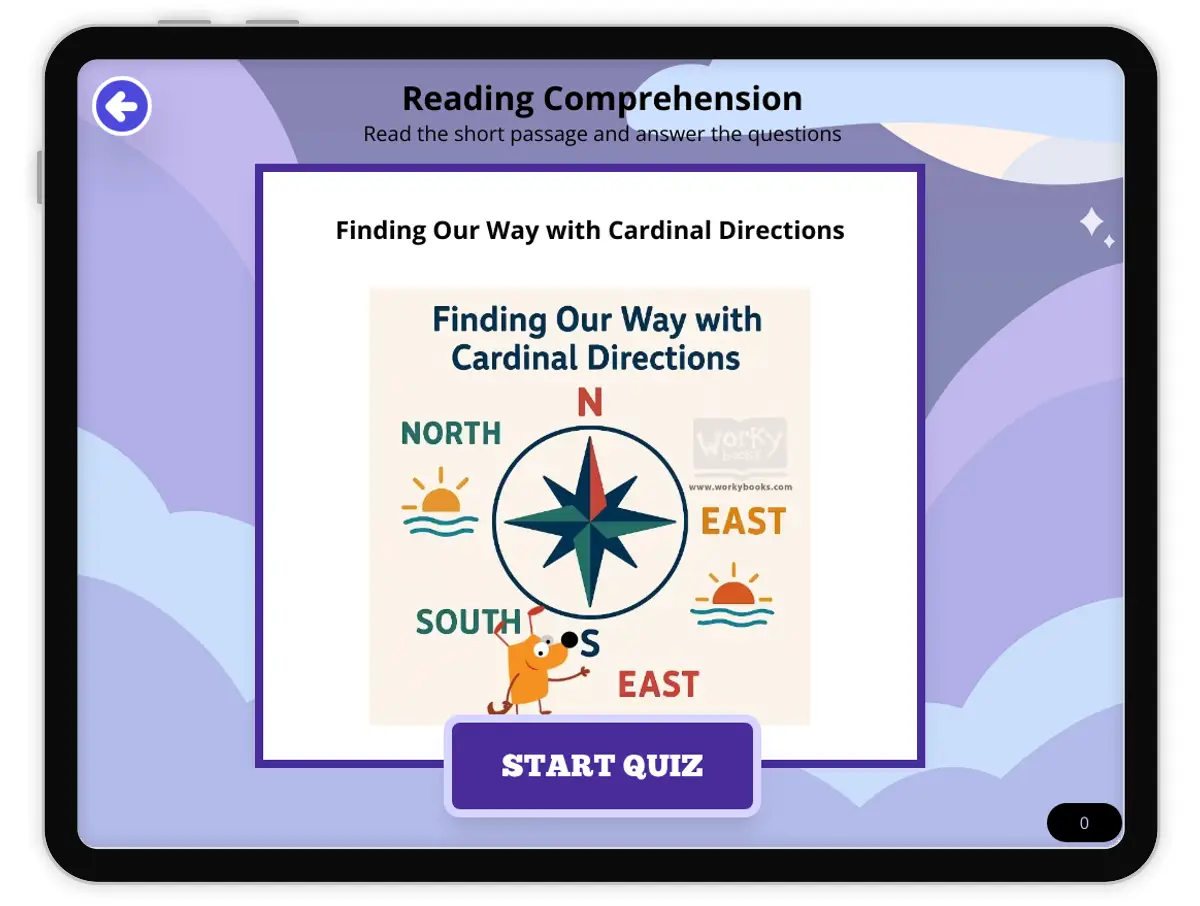 Interactive — Reading Comprehension preview: Finding Our Way with Cardinal Directions covering FL.SS.2.G.1.1, SS.2.G.1.3 standards - Page 1 of null
