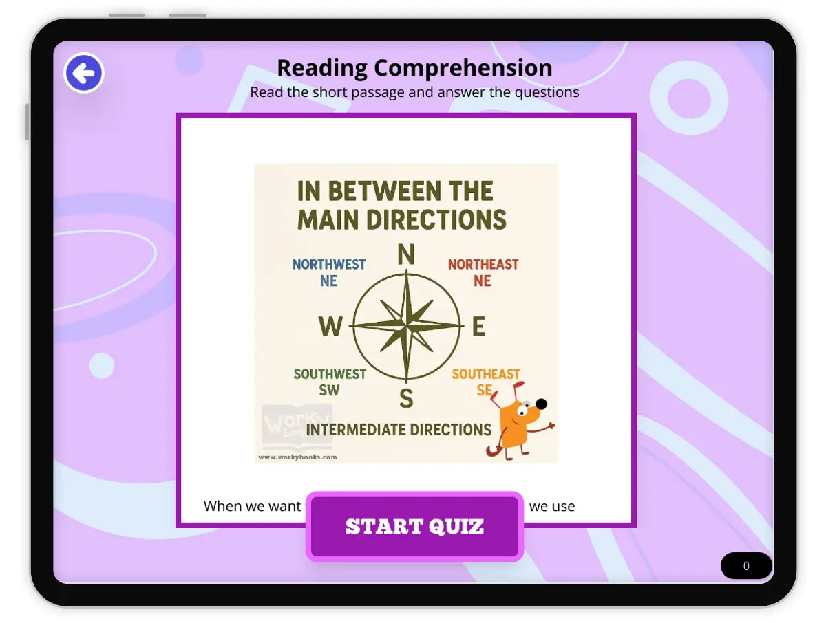 Interactive — Reading Comprehension preview: In Between the Main Directions covering FL.SS.2.G.1.1, SS.2.G.1.3 standards - Page 1 of null