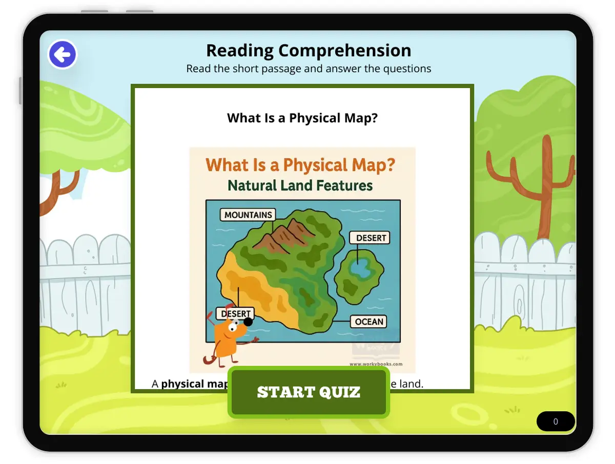 Interactive — Reading Comprehension preview: What Is a Physical Map? covering FL.SS.2.G.1.1, SS.2.G.1.2 standards - Page 1 of null