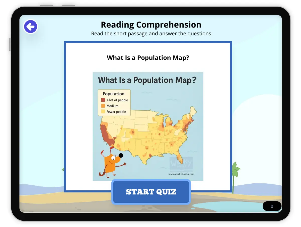 Interactive — Reading Comprehension preview: What Is a Population Map? covering FL.SS.2.G.1.1, SS.2.G.1.3 standards - Page 1 of null