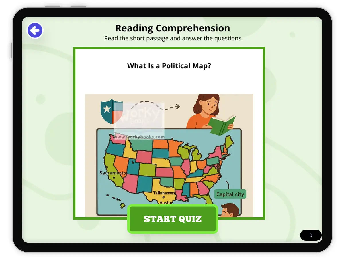 Interactive — Reading Comprehension preview: What Is a Political Map? covering FL.SS.2.G.1.1, SS.2.G.1.3 standards - Page 1 of null
