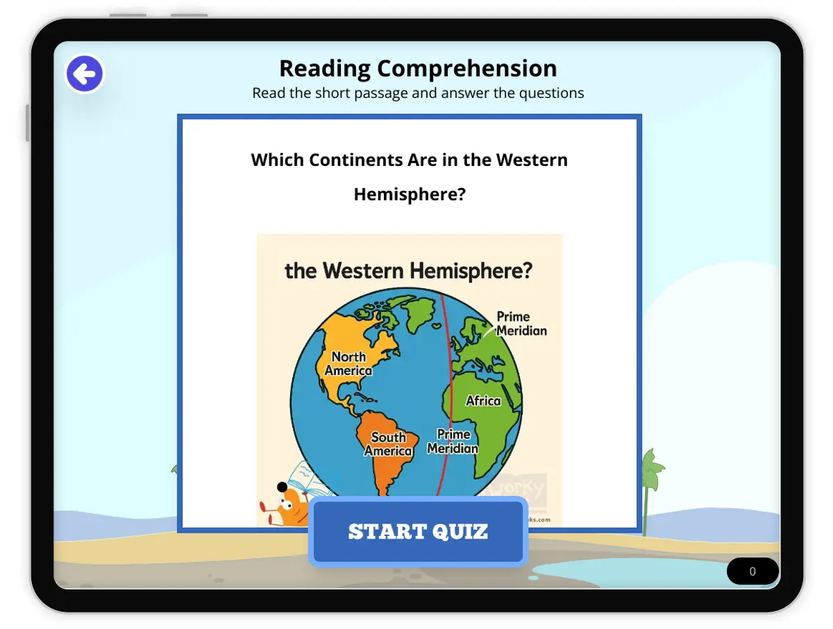 Interactive — Reading Comprehension preview: Which Continents Are in the Western Hemisphere? covering FL.SS.2.G.1.1, SS.2.G.1.3 standards - Page 1 of null