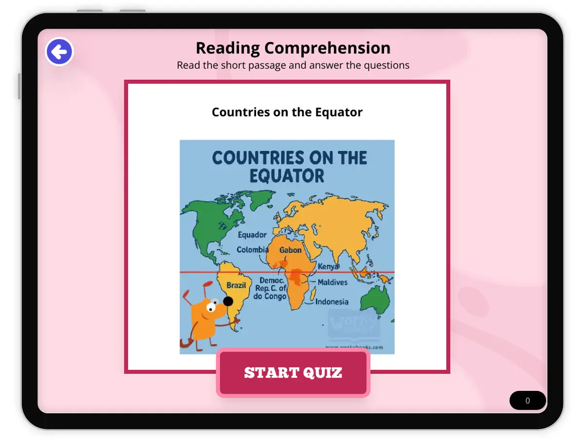 Interactive — Reading Comprehension preview: Countries on the Equator covering FL.SS.2.G.1.1, SS.2.G.1.3 standards - Page 1 of null