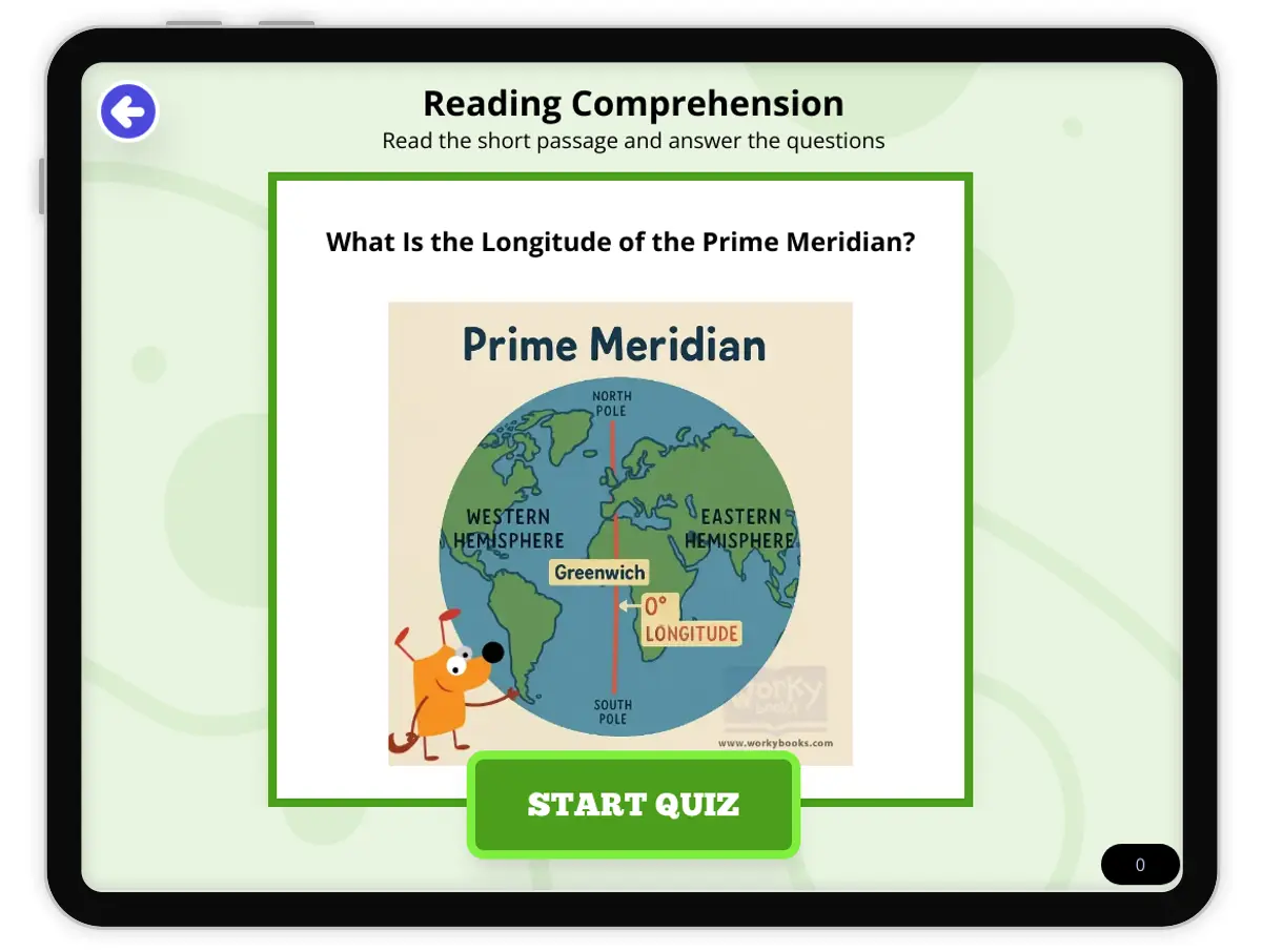 Interactive — Reading Comprehension preview: What Is the Longitude of the Prime Meridian? covering FL.SS.2.G.1.1, SS.2.G.1.3 standards - Page 1 of null