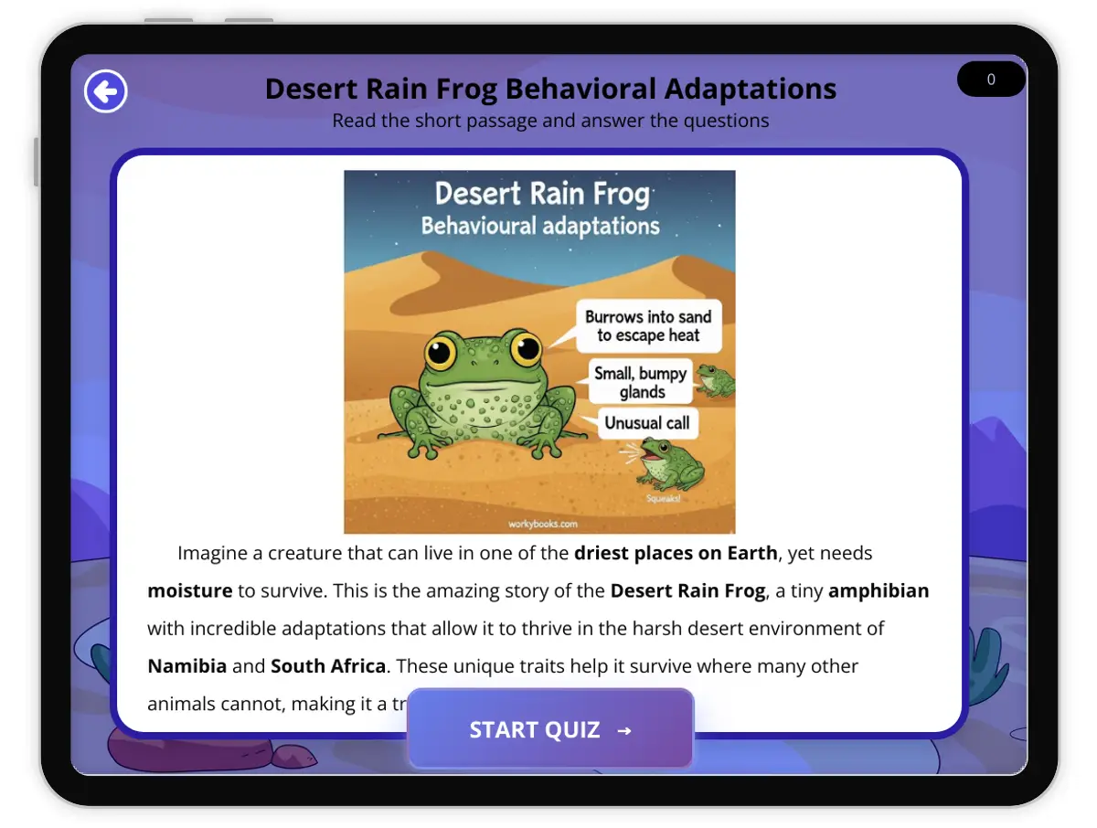 Interactive — Reading Comprehension preview: Desert Rain Frog Behavioral Adaptations covering  standards - Page 1 of 1