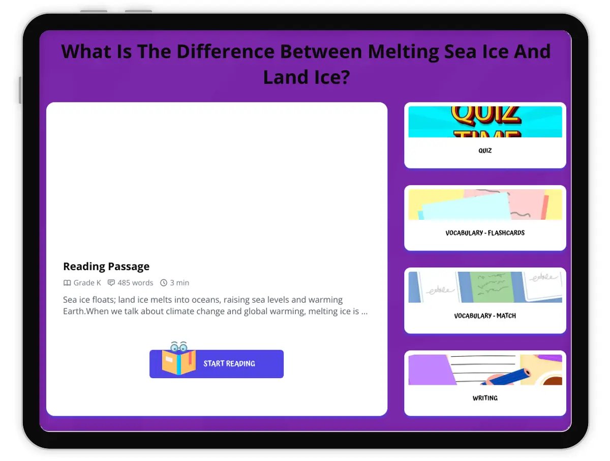 Interactive — Reading Comprehension preview: What Is The Difference Between Melting Sea Ice And Land Ice? covering  standards - Page 1 of 1