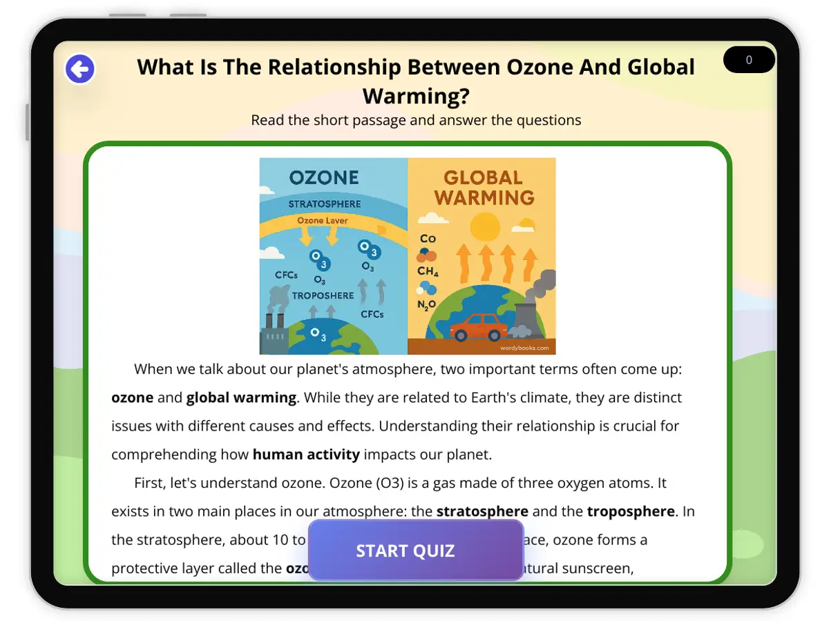 Interactive — Reading Comprehension preview: What Is The Relationship Between Ozone And Global Warming? covering  standards - Page 1 of 1