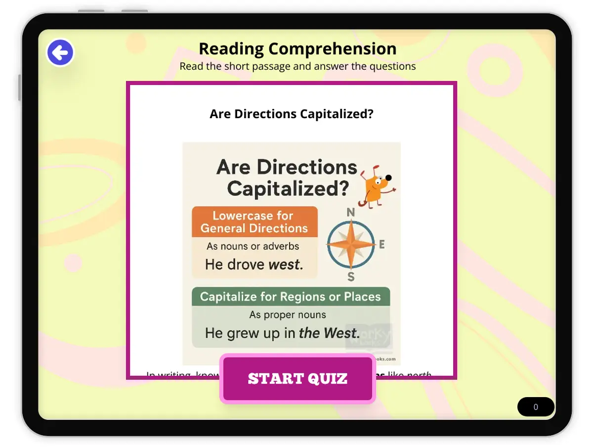 Interactive — Reading Comprehension preview: Are Directions Capitalized? covering FL.SS.2.G.1.1, SS.2.G.1.1 standards - Page 1 of null