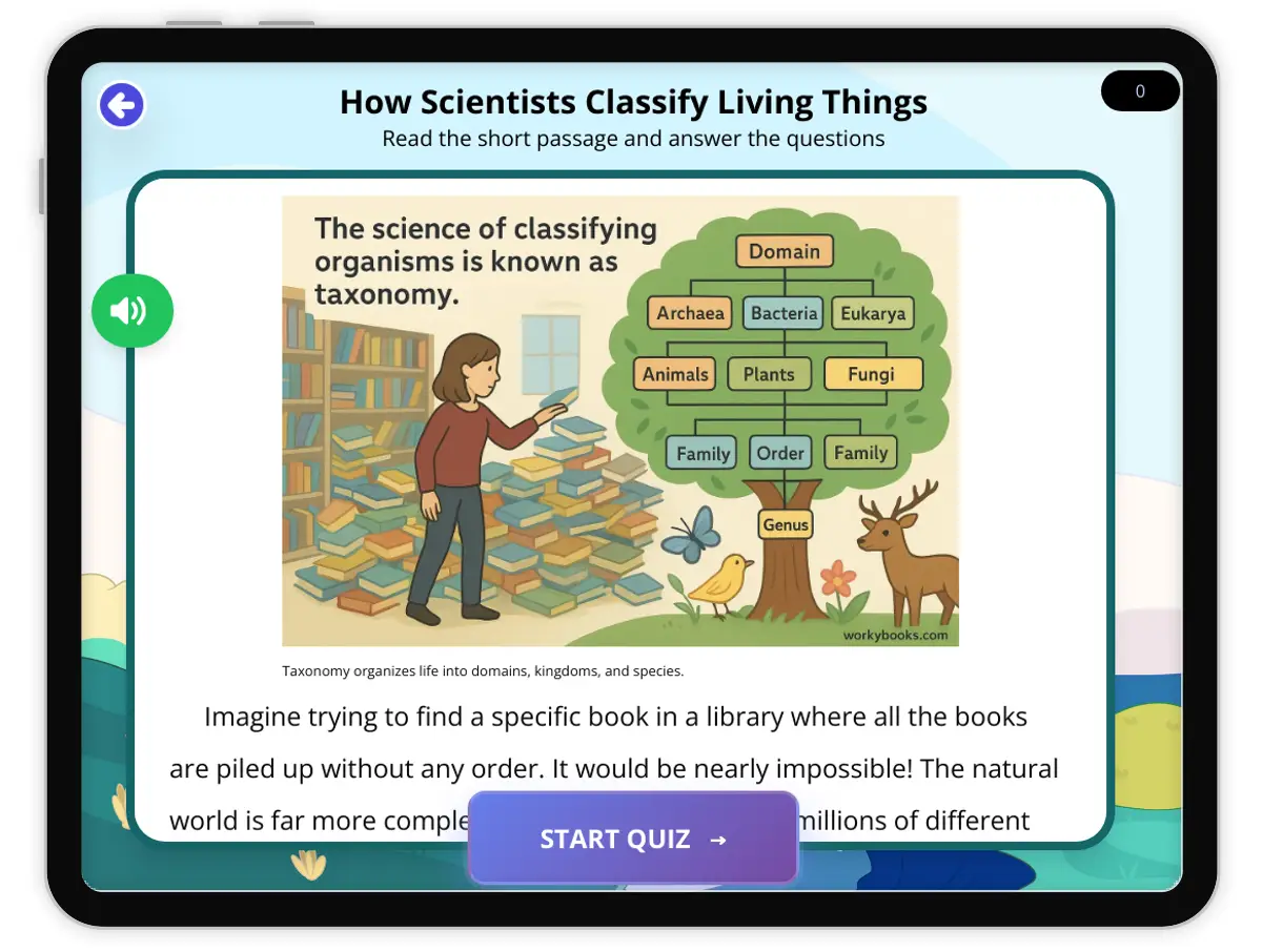 Interactive — Reading Comprehension preview: How Scientists Classify Living Things covering  standards - Page 1 of 1
