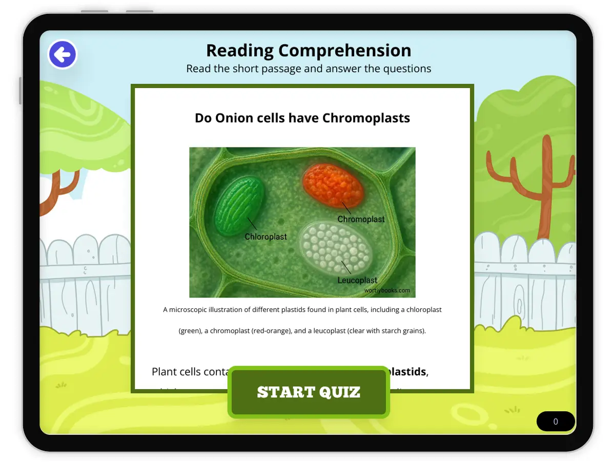 Interactive — Reading Comprehension preview: Do onion cells have chromoplasts covering  standards - Page 1 of null