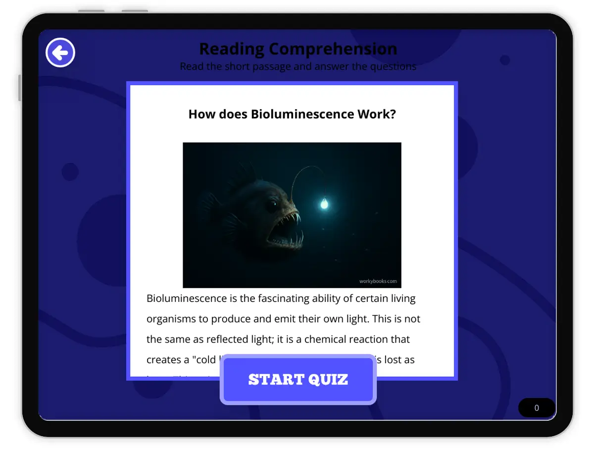 Interactive — Reading Comprehension preview: How does Bioluminescence Work? covering  standards - Page 1 of null