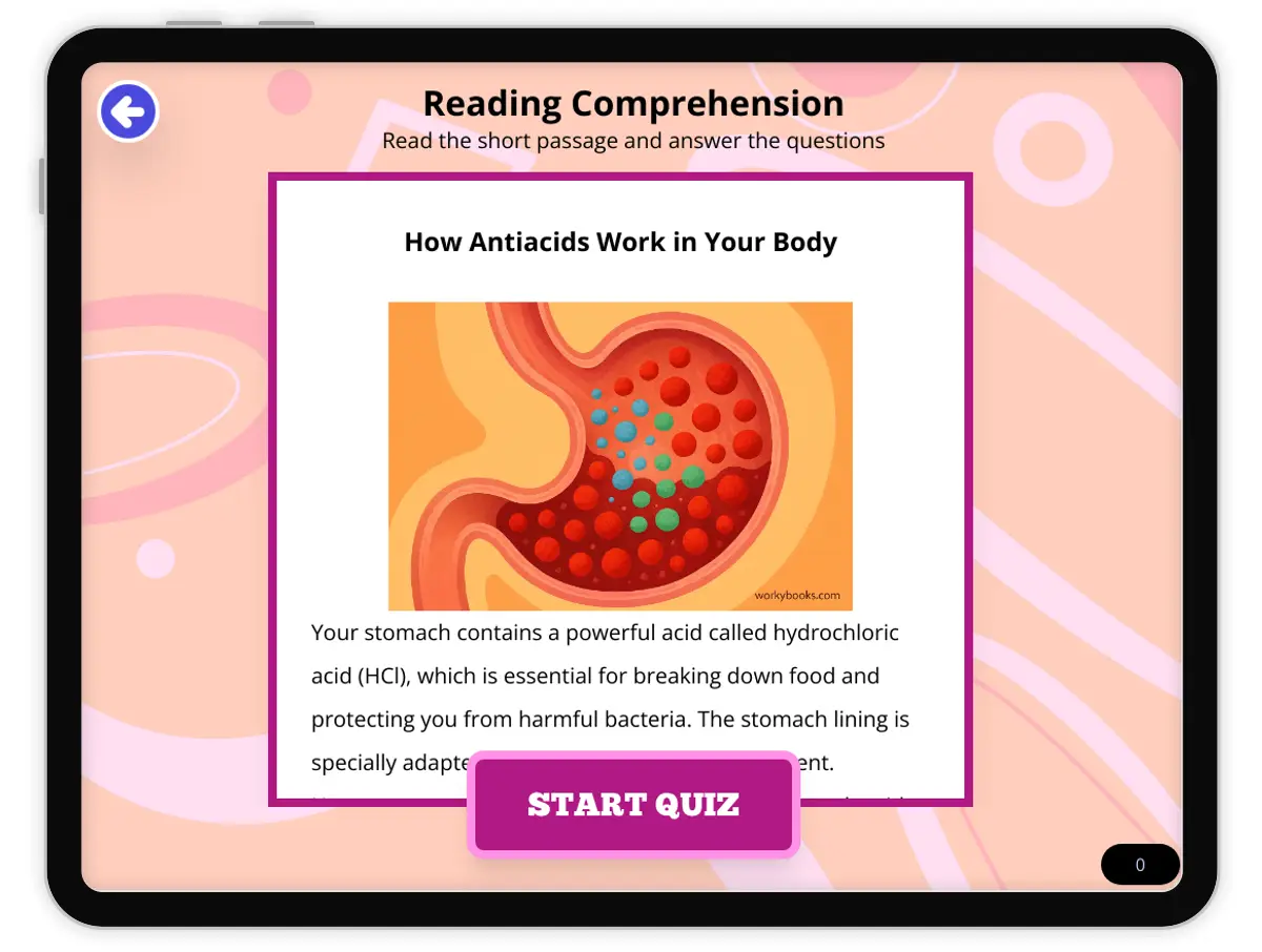 Interactive — Reading Comprehension preview: How Antiacids Work in Your Body covering  standards - Page 1 of null