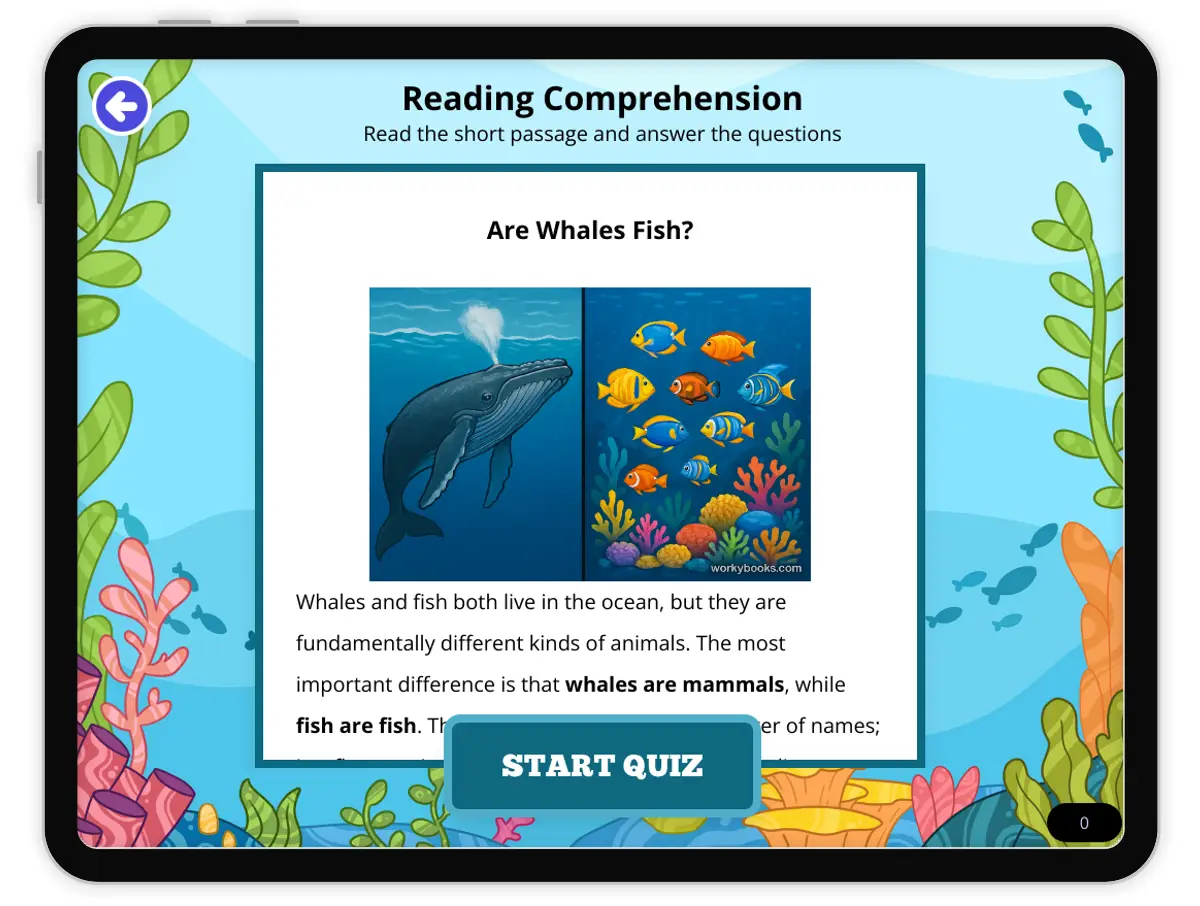 Interactive — Reading Comprehension preview: Are Whales Fish? covering  standards - Page 1 of null