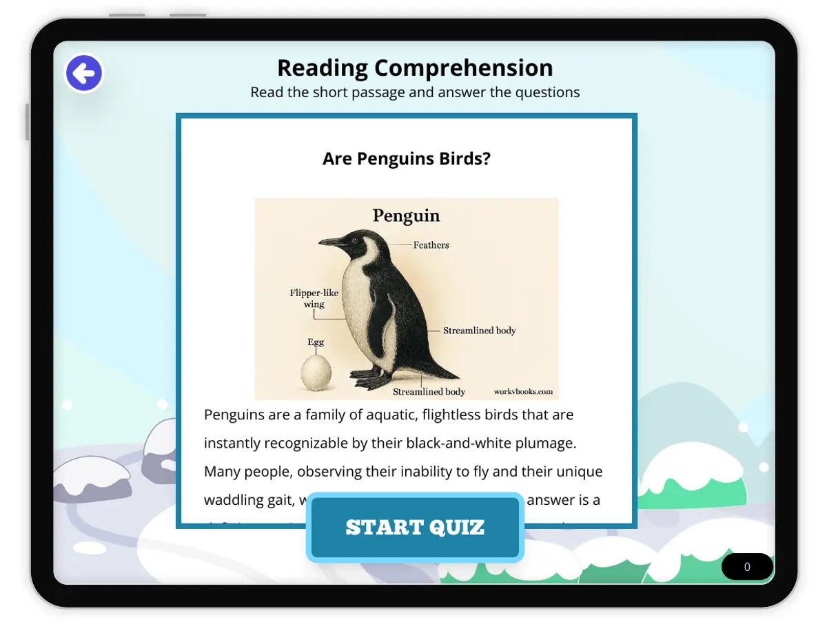Interactive — Reading Comprehension preview: Are Penguins Birds? covering  standards - Page 1 of null