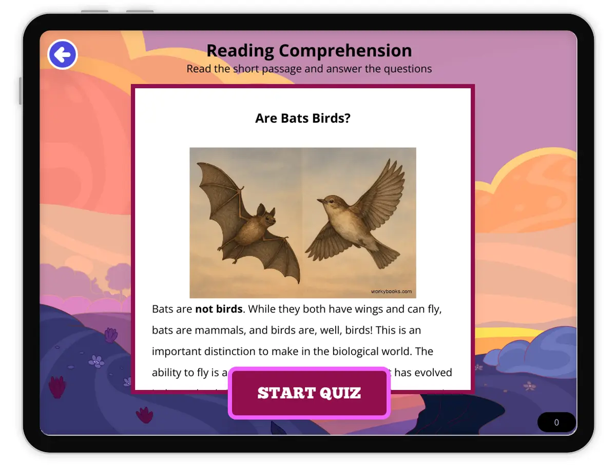 Interactive — Reading Comprehension preview: Are Bats Birds? covering  standards - Page 1 of null