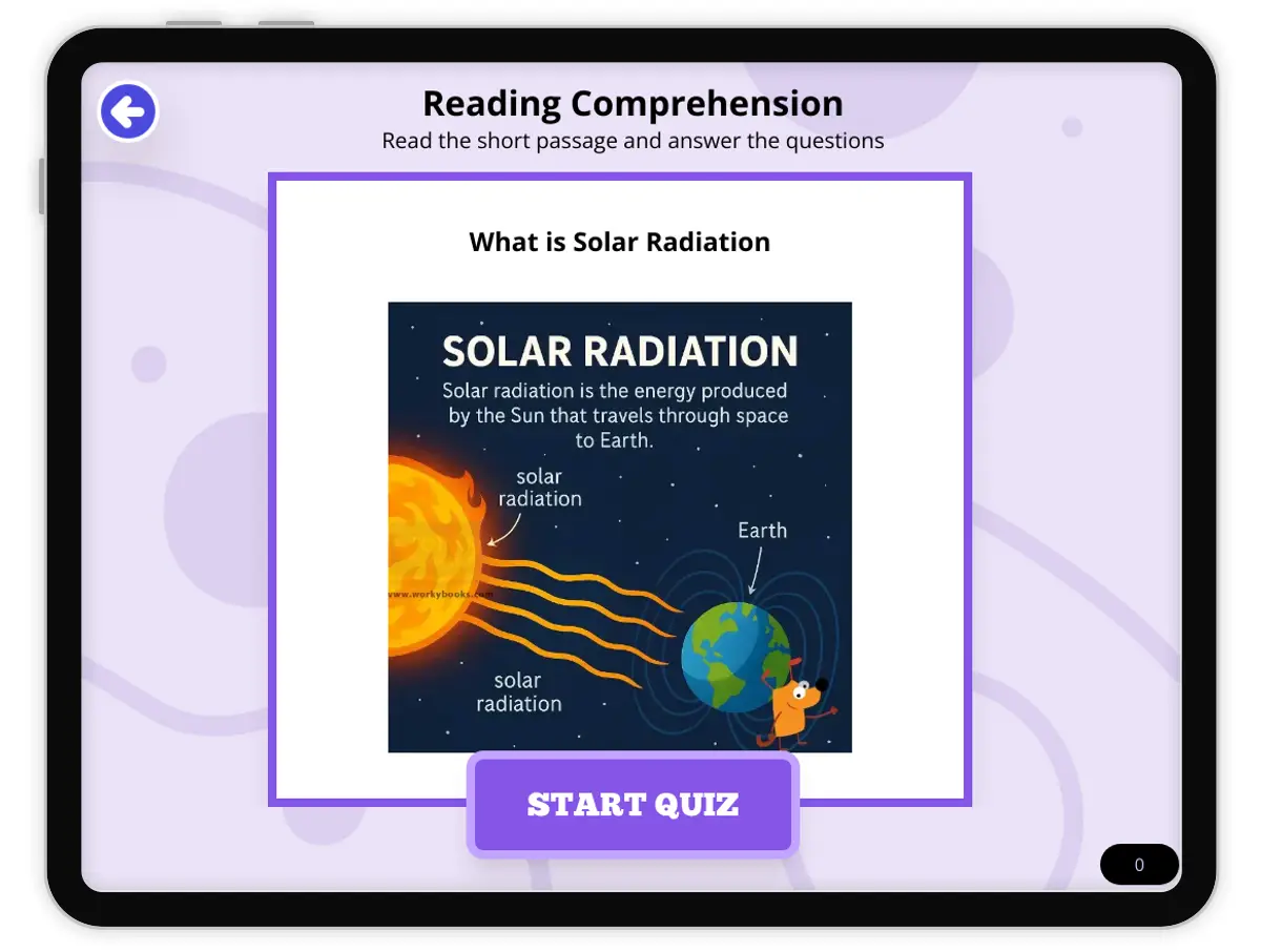 Interactive — Reading Comprehension preview: What is Solar Radiation covering MS-ESS1-1 standards - Page 1 of null