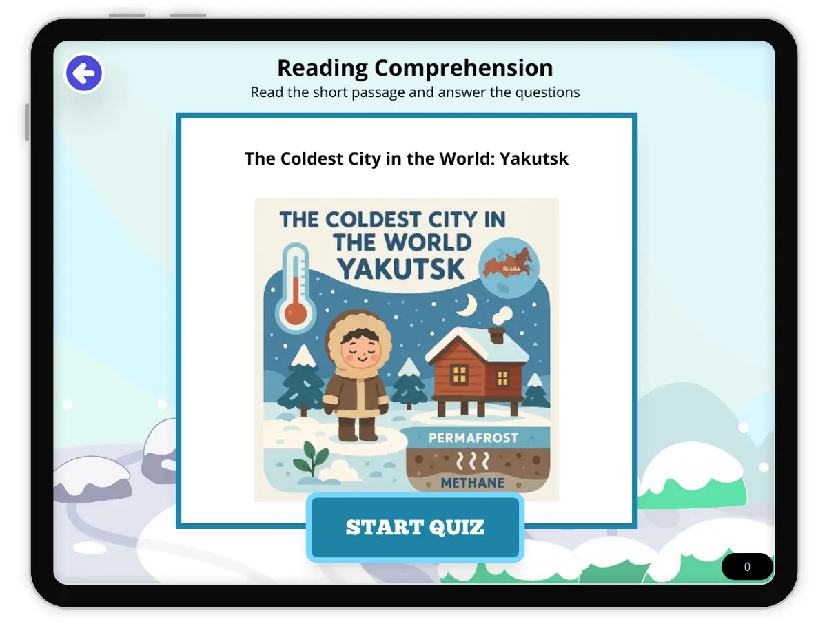 Interactive — Reading Comprehension preview: The Coldest City in the World: Yakutsk covering MS-ESS2-1 standards - Page 1 of null