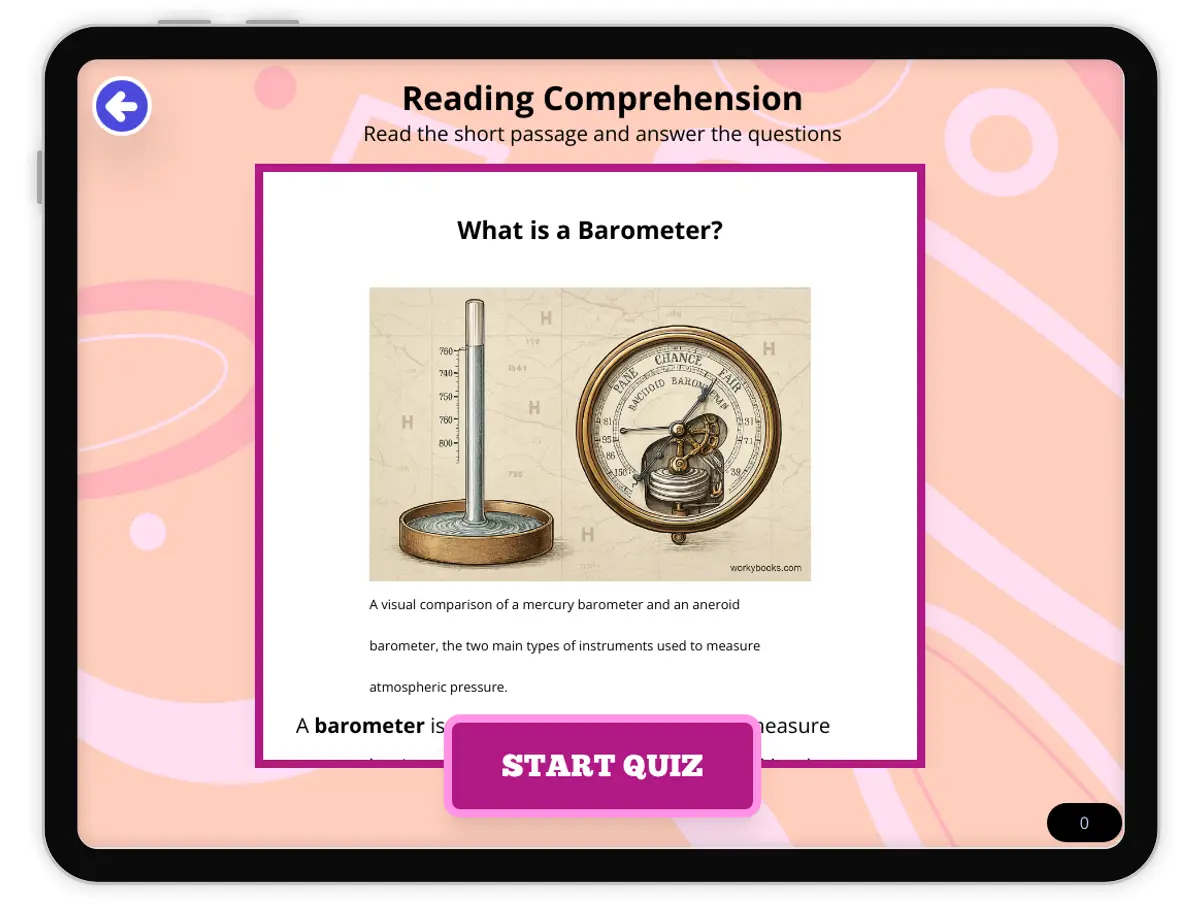 Interactive — Reading Comprehension preview: What is a Barometer covering  standards - Page 1 of null