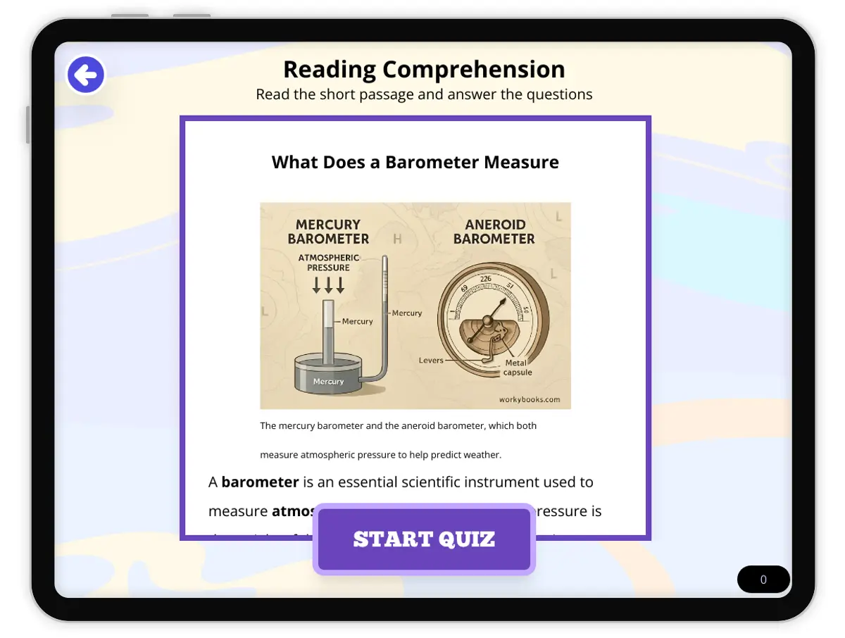Interactive — Reading Comprehension preview: What Does a Barometer Measure covering  standards - Page 1 of null