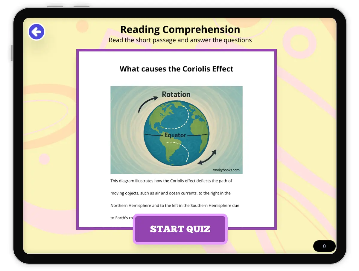 Interactive — Reading Comprehension preview: What causes the Coriolis Effect covering  standards - Page 1 of null