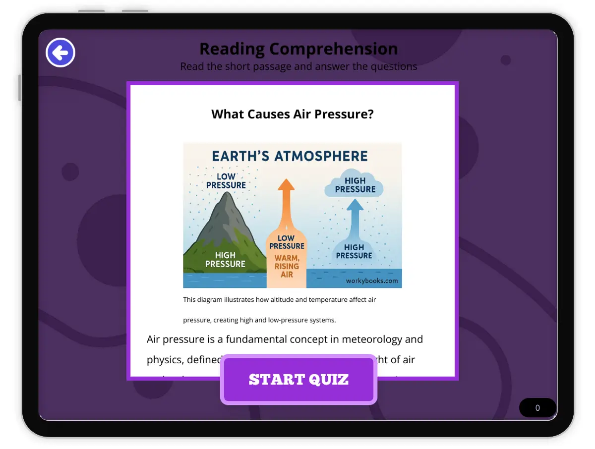Interactive — Reading Comprehension preview: What Causes Air Pressure? covering  standards - Page 1 of null