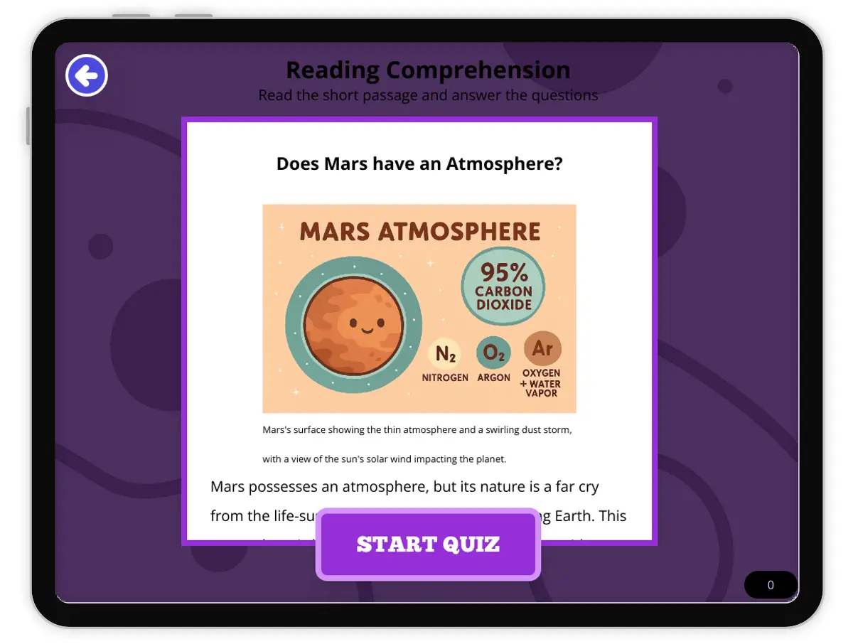 Interactive — Reading Comprehension preview: Does Mars have an Atmosphere? covering  standards - Page 1 of null