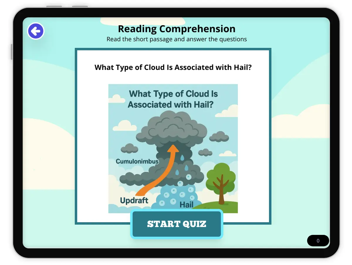 Interactive — Reading Comprehension preview: What Type of Cloud Is Associated with Hail? covering MS-ESS2-4 standards - Page 1 of null