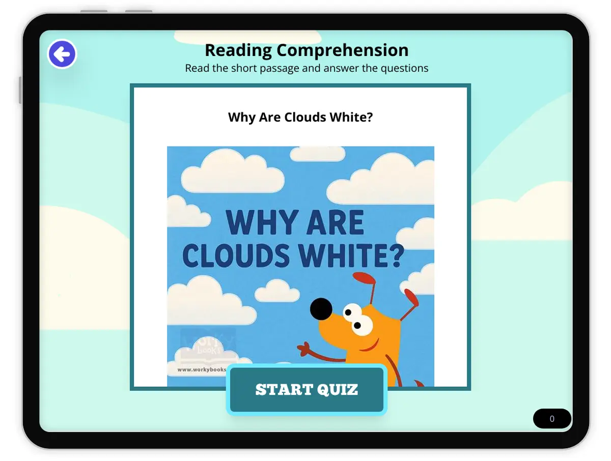 Interactive — Reading Comprehension preview: Why Are Clouds White? covering  standards - Page 1 of null