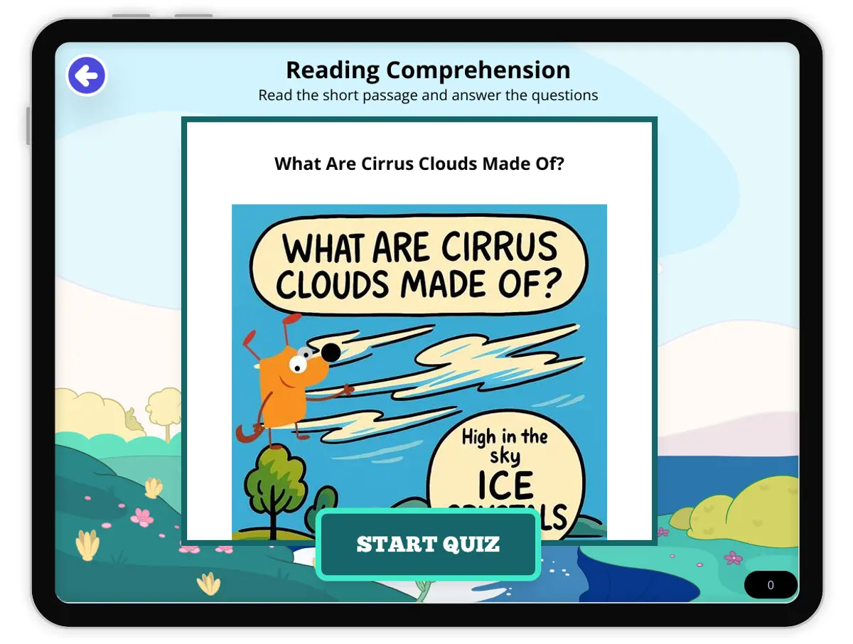 Interactive — Reading Comprehension preview: What Are Cirrus Clouds Made Of? covering  standards - Page 1 of null