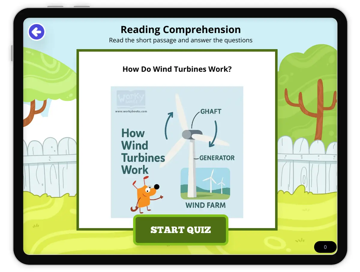 Interactive — Reading Comprehension preview: How Do Wind Turbines Work? covering MS-ESS3-1 standards - Page 1 of null