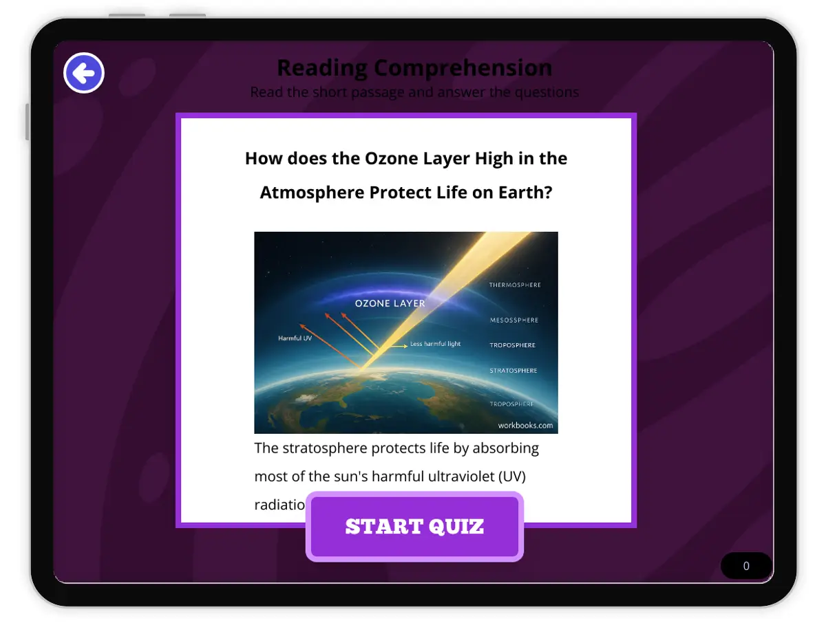 Interactive — Reading Comprehension preview: How does the Ozone Layer High in the Atmosphere Protect Life on Earth? covering  standards - Page 1 of null