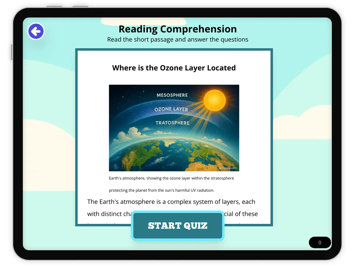 Interactive — Reading Comprehension preview: Where is the Ozone Layer Located covering  standards - Page 1 of null