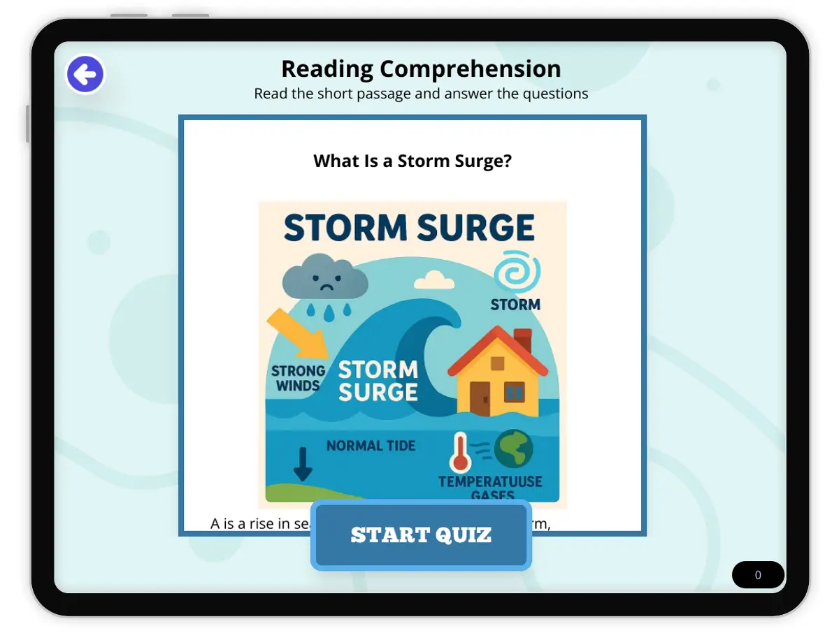 Interactive — Reading Comprehension preview: What Is a Storm Surge? covering MS-ESS2-2 standards - Page 1 of null