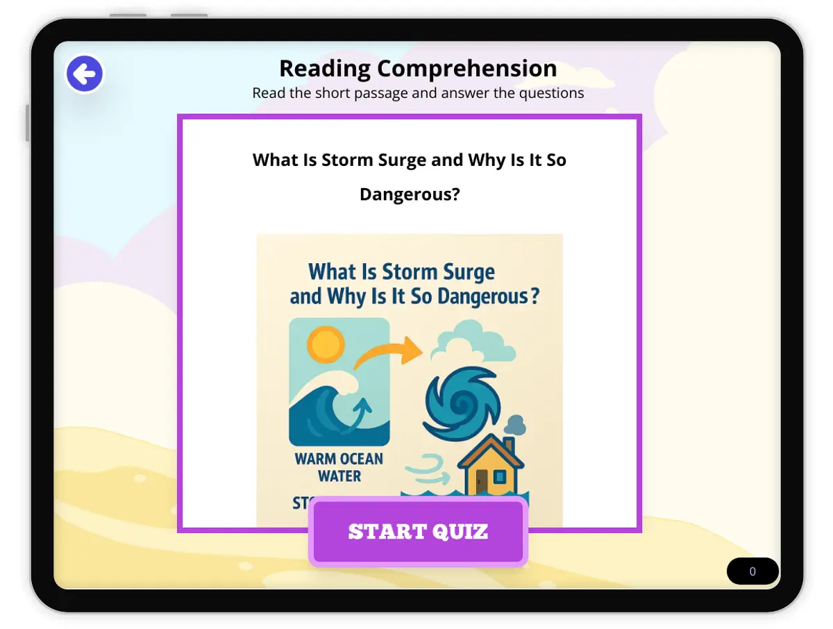 Interactive — Reading Comprehension preview: What Is Storm Surge and Why Is It So Dangerous? covering  standards - Page 1 of null