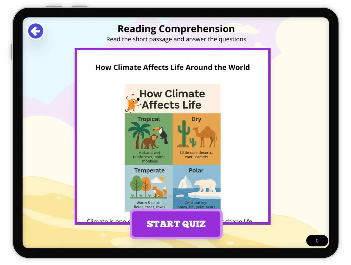 Interactive — Reading Comprehension preview: How Climate Affects Life Around the World covering  standards - Page 1 of null