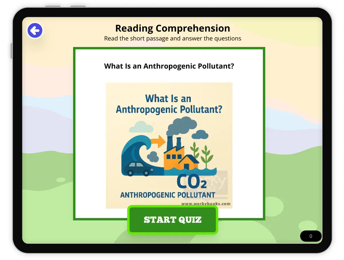 Interactive — Reading Comprehension preview: What Is an Anthropogenic Pollutant? covering  standards - Page 1 of null