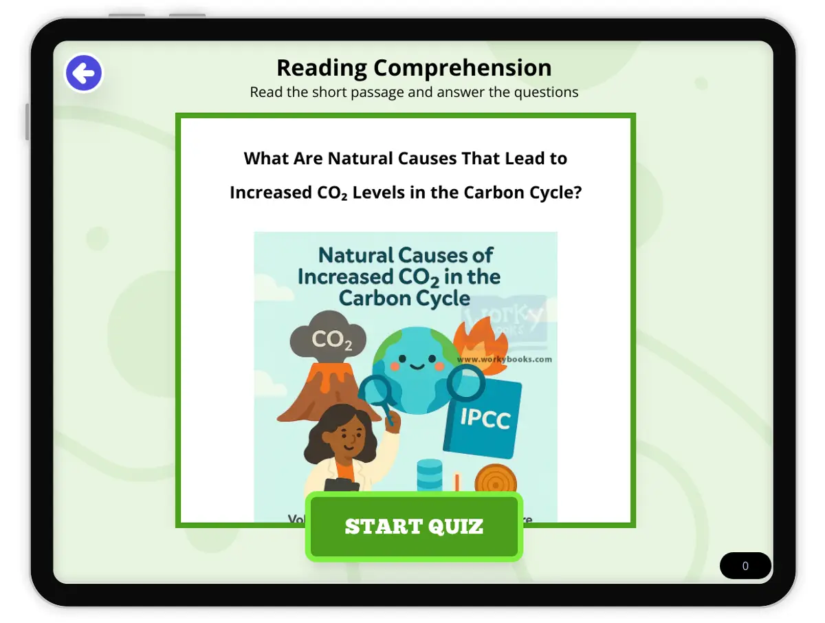 Interactive — Reading Comprehension preview: What Are Natural Causes That Lead to Increased CO₂ Levels in the Carbon Cycle? covering MS-ESS2-6 standards - Page 1 of null