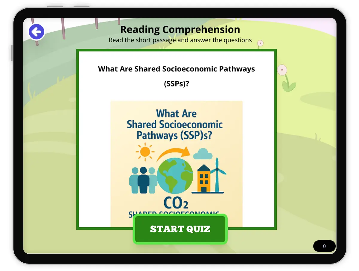 Interactive — Reading Comprehension preview: What Are Shared Socioeconomic Pathways (SSPs)? covering  standards - Page 1 of null