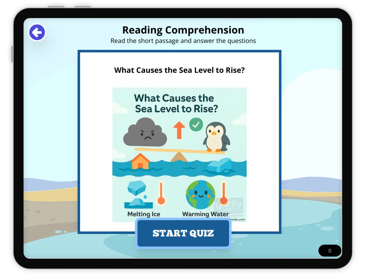 Interactive — Reading Comprehension preview: What Causes the Sea Level to Rise? covering  standards - Page 1 of null