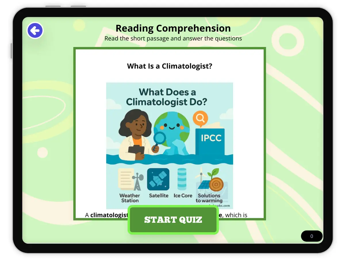 Interactive — Reading Comprehension preview: What Is a Climatologist? covering  standards - Page 1 of null