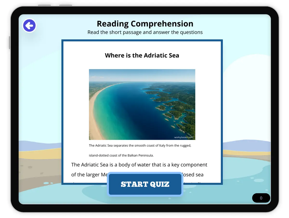 Interactive — Reading Comprehension preview: Where is the Adriatic Sea covering  standards - Page 1 of null