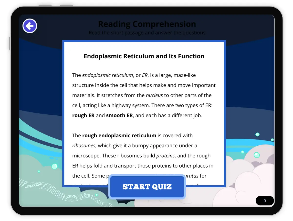 Interactive — Reading Comprehension preview: Endoplasmic Reticulum and Its Function covering  standards - Page 1 of null
