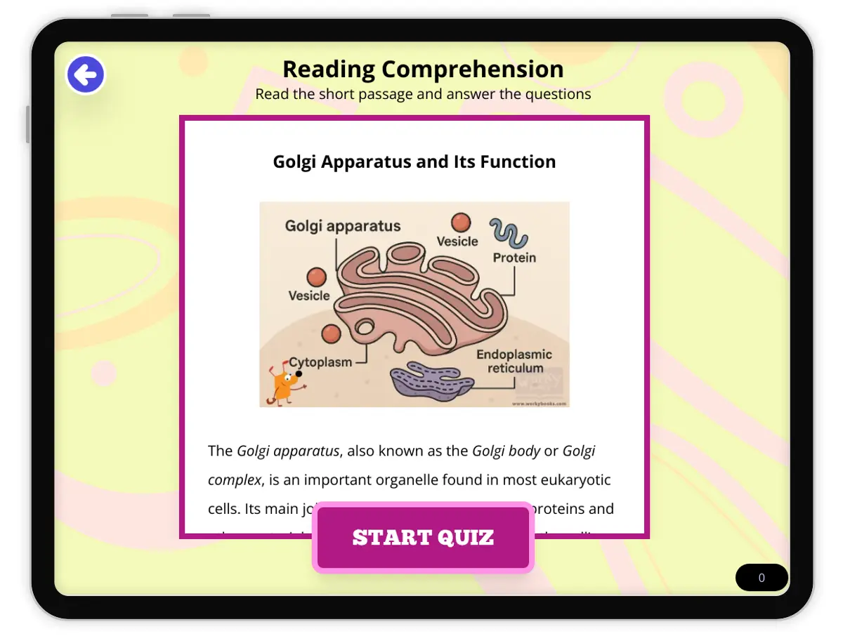 Interactive — Reading Comprehension preview: Golgi Apparatus and Its Function covering MS-LS1-1 standards - Page 1 of null