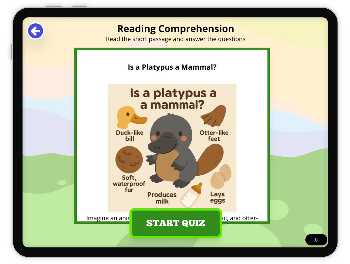 Interactive — Reading Comprehension preview: Is a Platypus a Mammal?  covering MS-LS1-1 standards - Page 1 of null