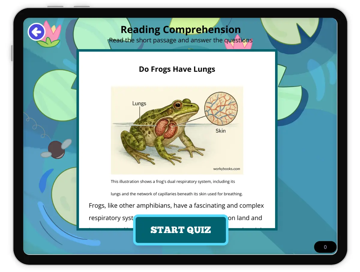 Interactive — Reading Comprehension preview: Do Frogs Have Lungs covering  standards - Page 1 of null