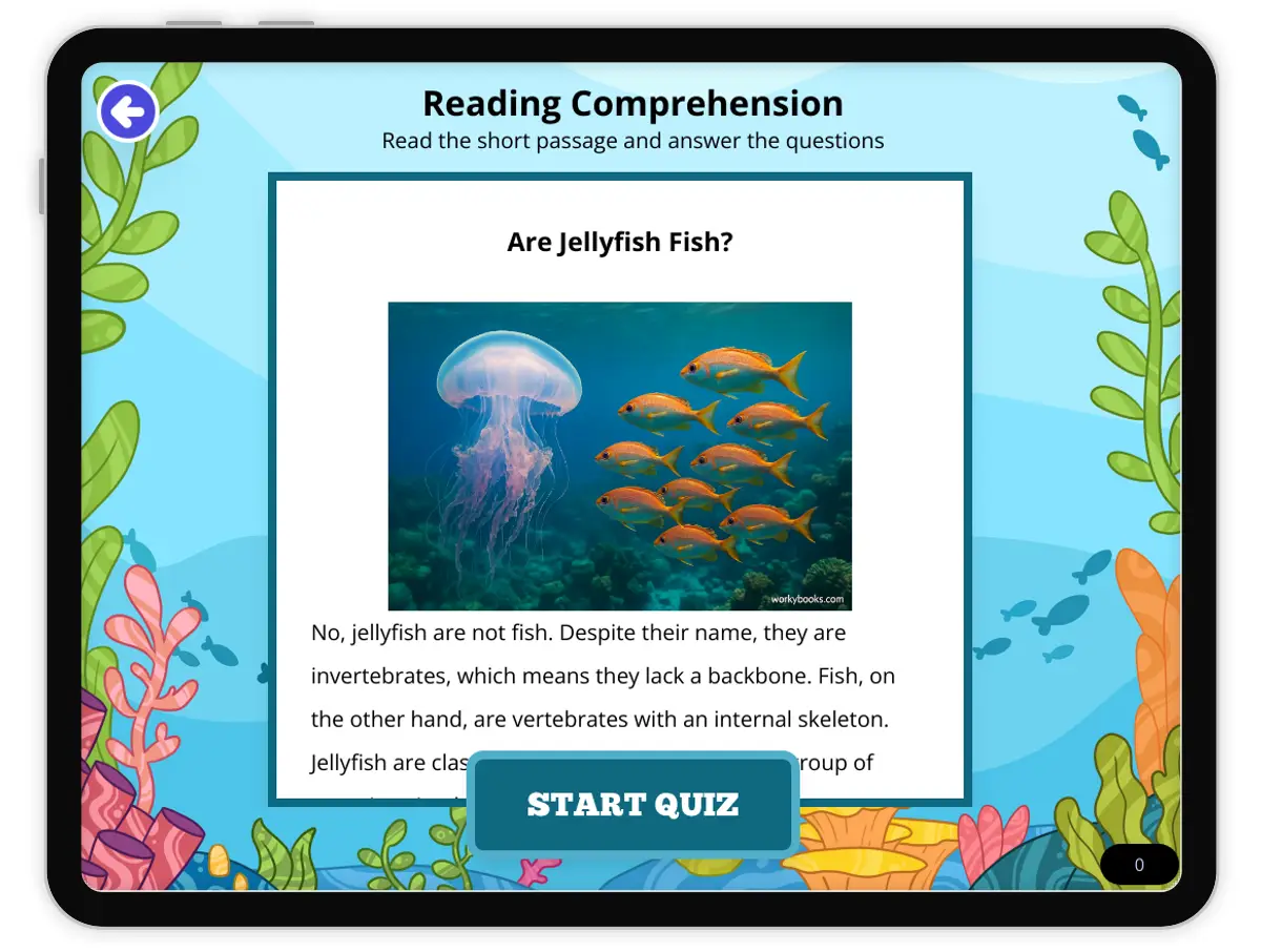 Interactive — Reading Comprehension preview: Are Jellyfish Fish? covering  standards - Page 1 of null