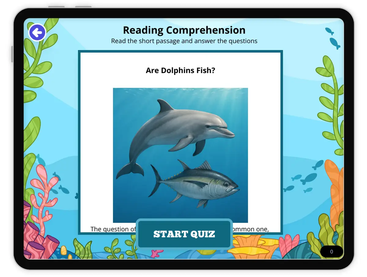 Interactive — Reading Comprehension preview: Are Dolphins Fish? covering  standards - Page 1 of null