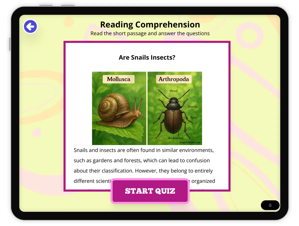 Interactive — Reading Comprehension preview: Are Snails Insects? covering  standards - Page 1 of null