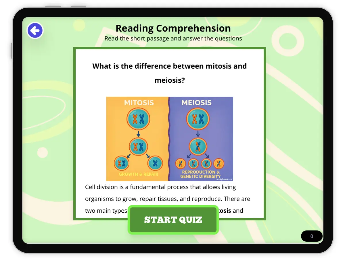 Interactive — Reading Comprehension preview: What is the difference between mitosis and meiosis? covering  standards - Page 1 of null