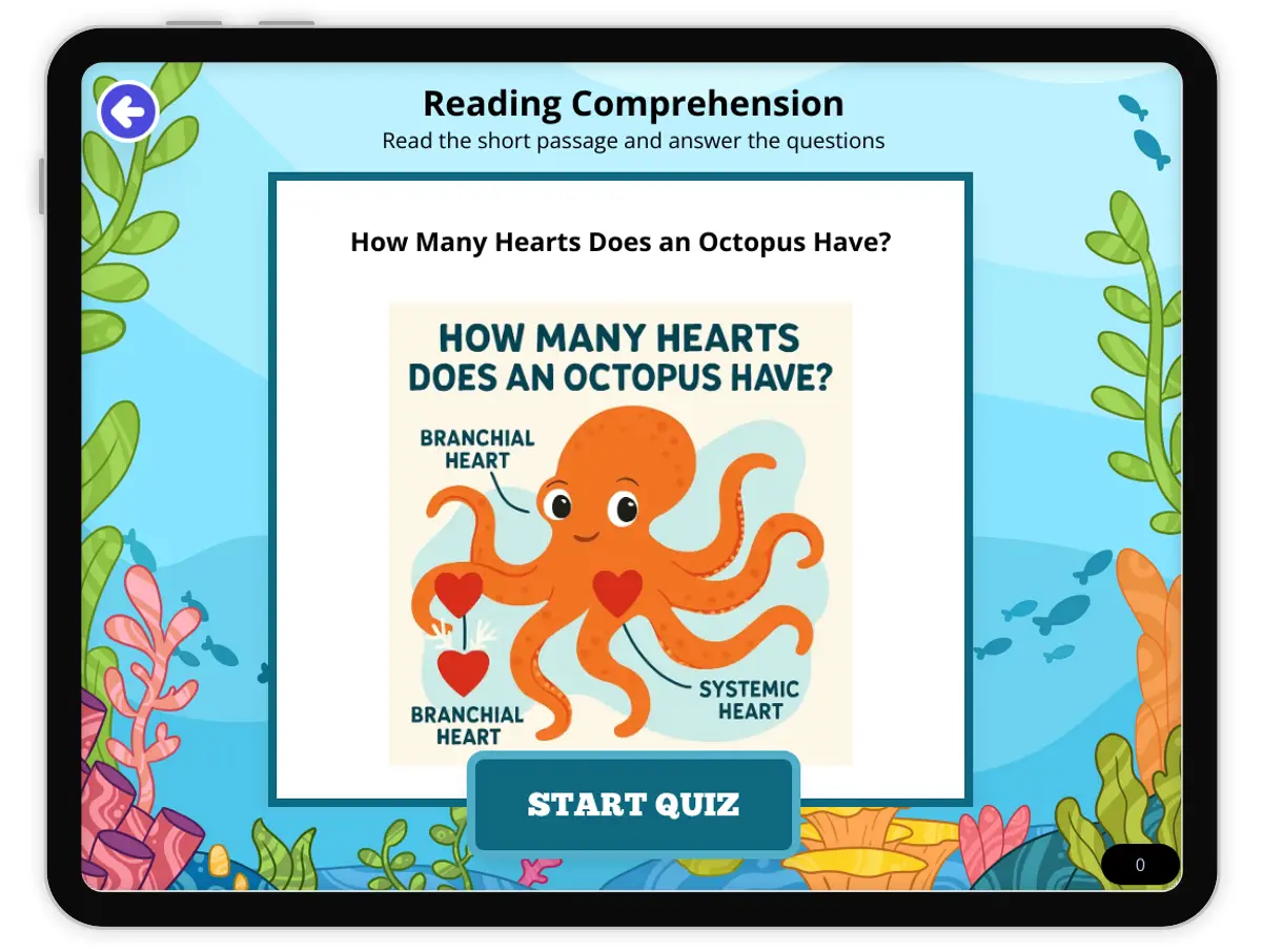 Interactive — Reading Comprehension preview: How Many Hearts Does an Octopus Have?  covering  standards - Page 1 of null